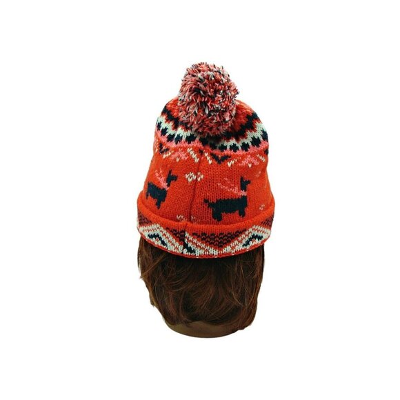 Old Navy Fair Isle Knit Beanie Hat Red with Lama Design Pom Pom Size S-M Acrylic - Picture 3 of 11